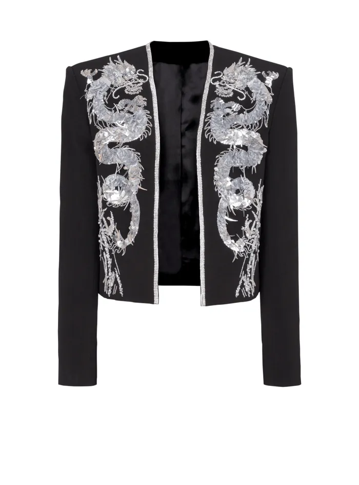 Dragon Embroidered Spencer Jacket Black Men Balmain Jackets And Blazers