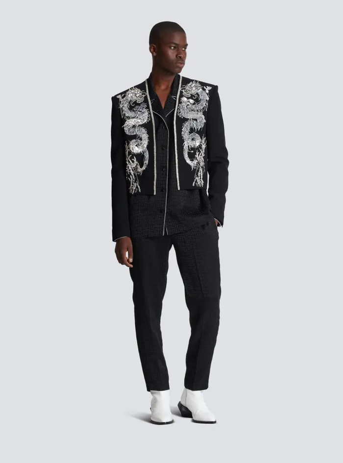 Dragon Embroidered Spencer Jacket Black Men Balmain Jackets And Blazers