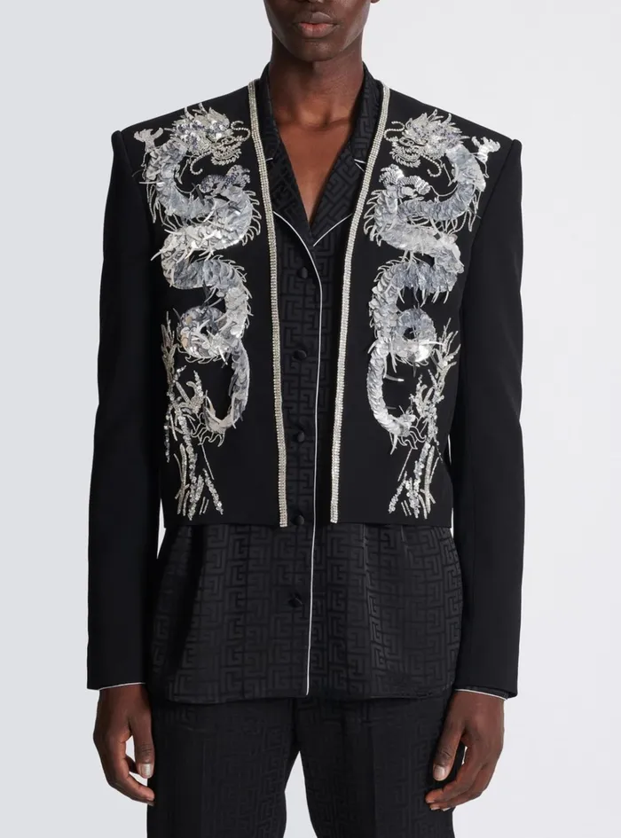 Dragon Embroidered Spencer Jacket Black Men Balmain Jackets And Blazers