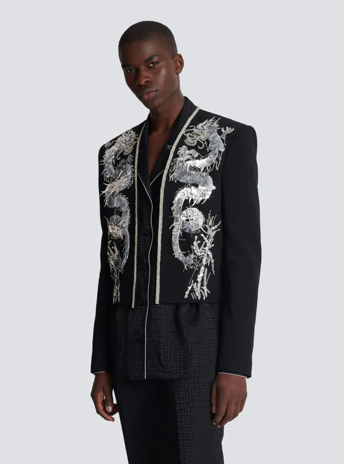 Dragon Embroidered Spencer Jacket Black Men Balmain Jackets And Blazers