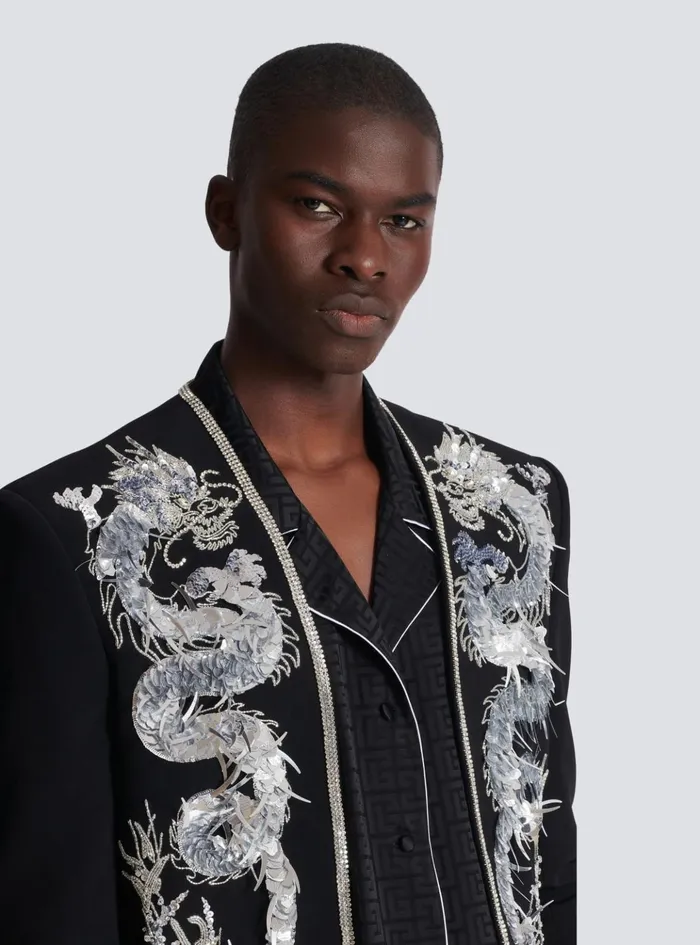 Dragon Embroidered Spencer Jacket Black Men Balmain Jackets And Blazers