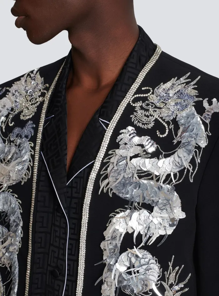 Dragon Embroidered Spencer Jacket Black Men Balmain Jackets And Blazers