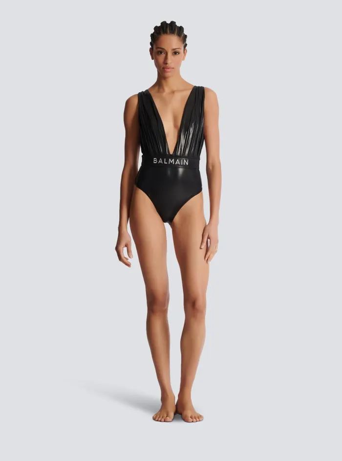 Draped Onepiece Swimsuit With Belt Black Women Balmain Swimwear