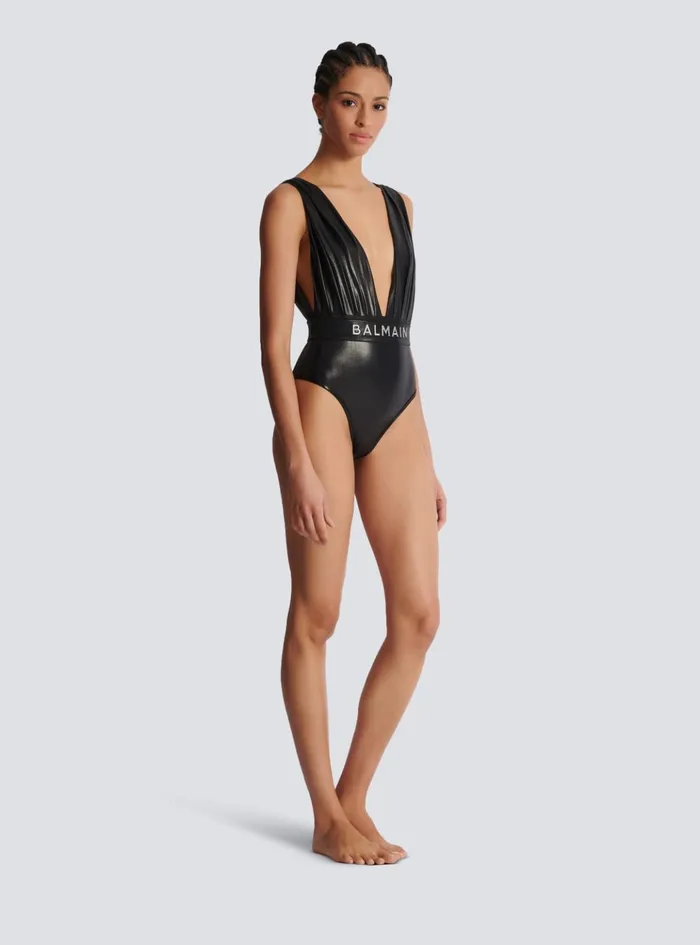 Draped Onepiece Swimsuit With Belt Black Women Balmain Swimwear
