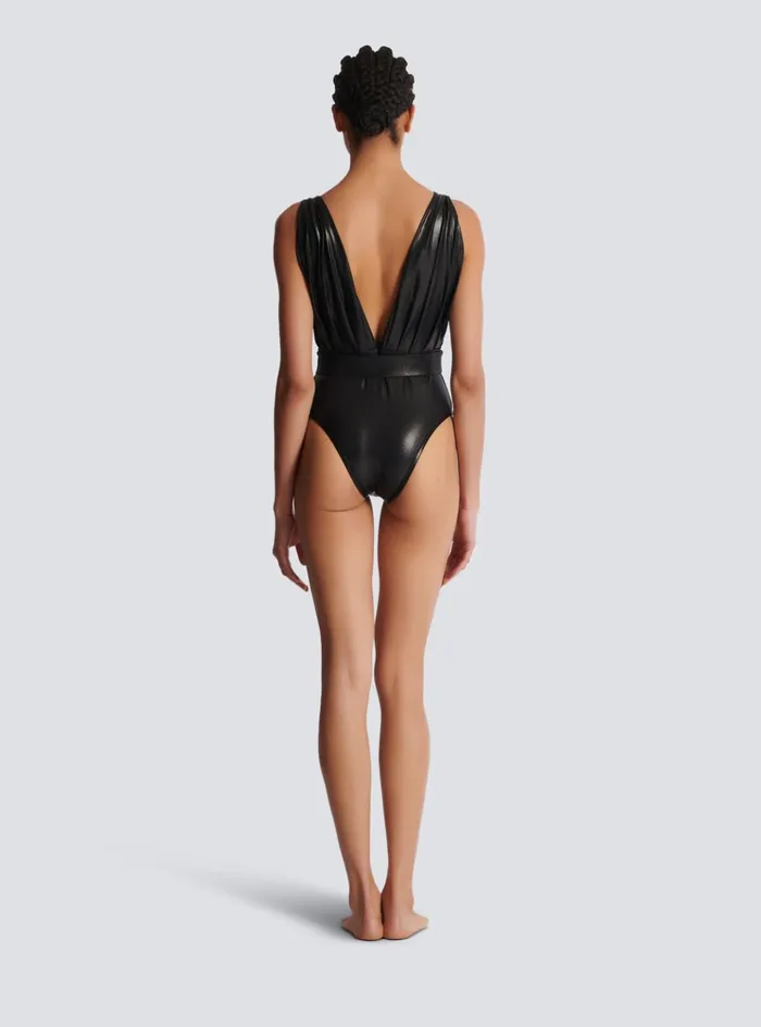 Draped Onepiece Swimsuit With Belt Black Women Balmain Swimwear