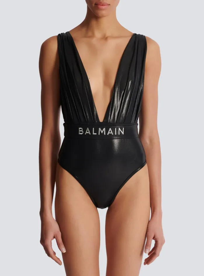 Draped Onepiece Swimsuit With Belt Black Women Balmain Swimwear