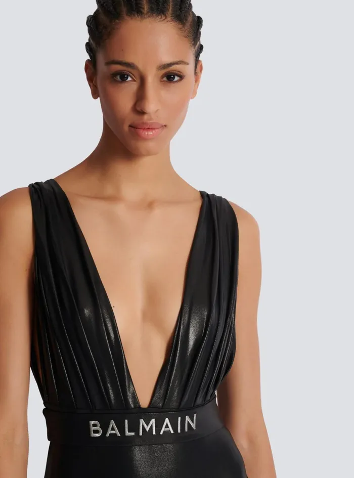 Draped Onepiece Swimsuit With Belt Black Women Balmain Swimwear