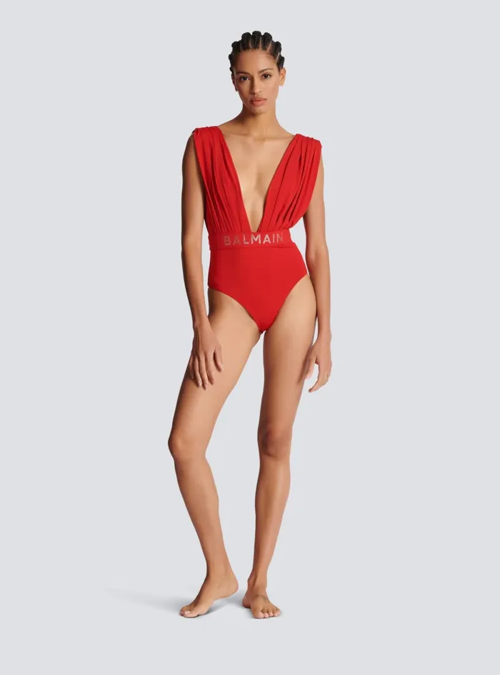 Draped Swimsuit Red Women Balmain Swimwear