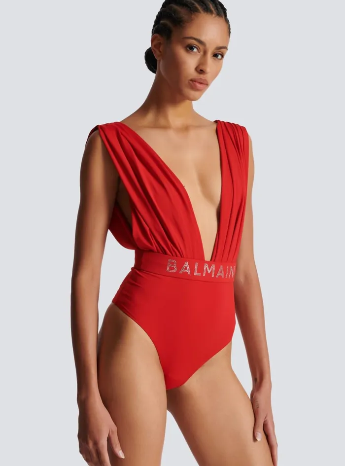 Draped Swimsuit Red Women Balmain Swimwear
