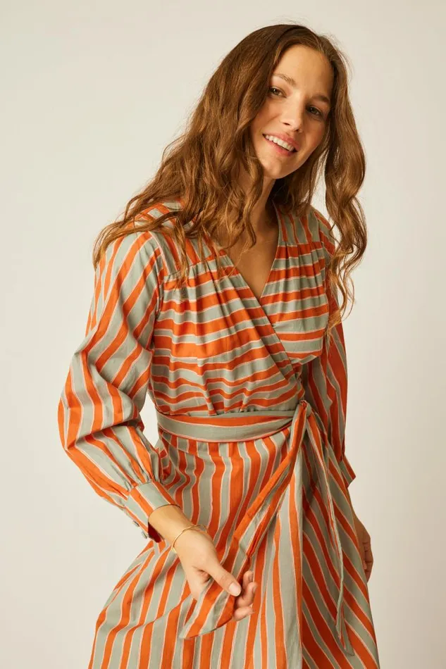 Dresses Shop Natalie Martin KATE LONG SLEEVE DRESS Batik Stripe Sage