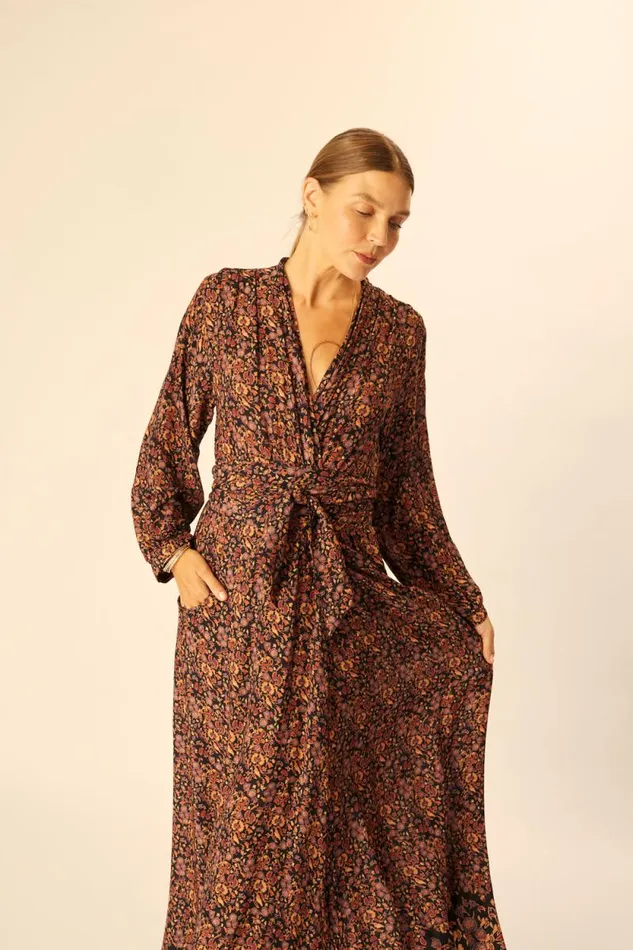 Dresses Shop Natalie Martin NICO LS MAXI WITH SASH Petite Fleur Noire