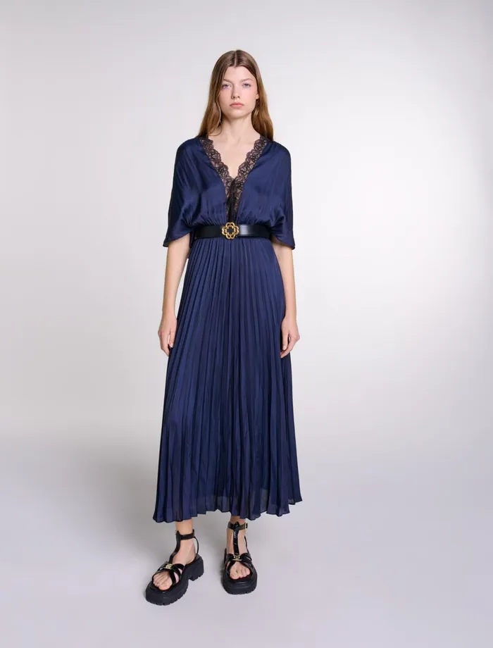 Dresses Women Maje Pleated Maxi Dress With Lace Navyblack