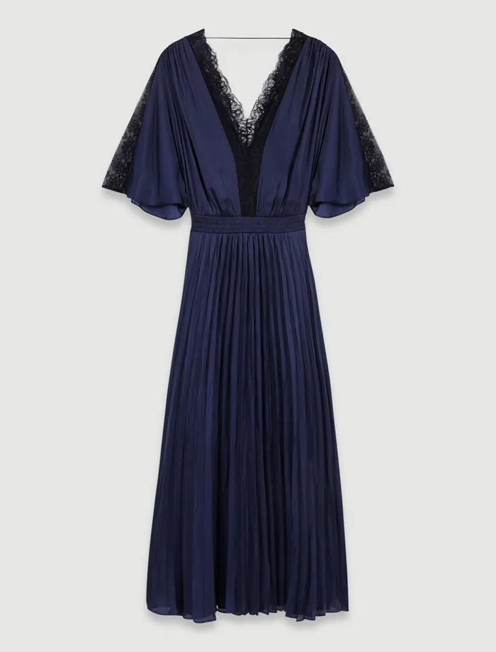Dresses Women Maje Pleated Maxi Dress With Lace Navyblack