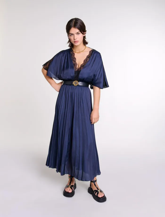 Dresses Women Maje Pleated Maxi Dress With Lace Navyblack
