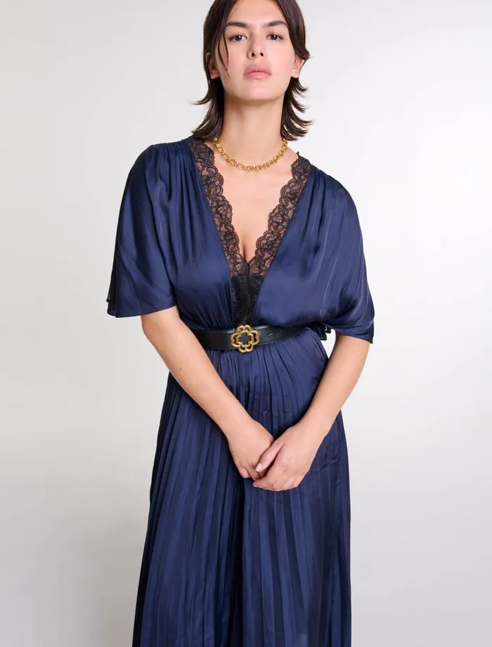 Dresses Women Maje Pleated Maxi Dress With Lace Navyblack