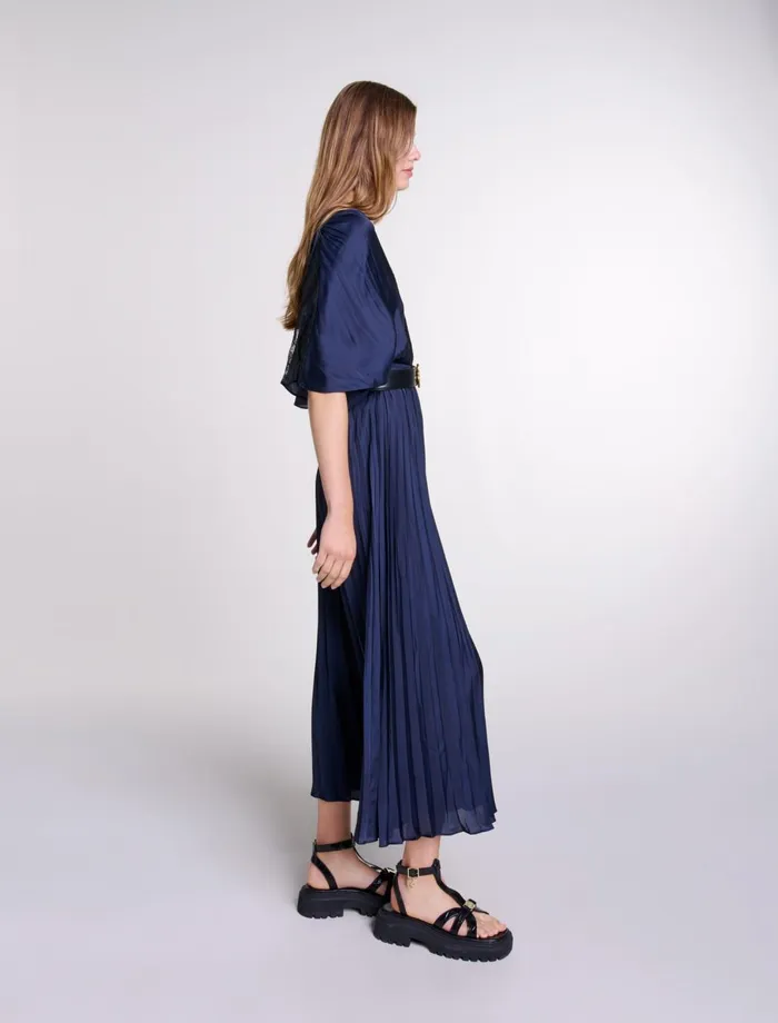 Dresses Women Maje Pleated Maxi Dress With Lace Navyblack