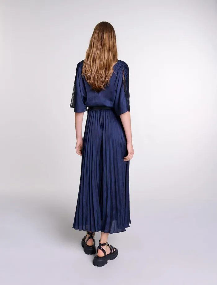 Dresses Women Maje Pleated Maxi Dress With Lace Navyblack