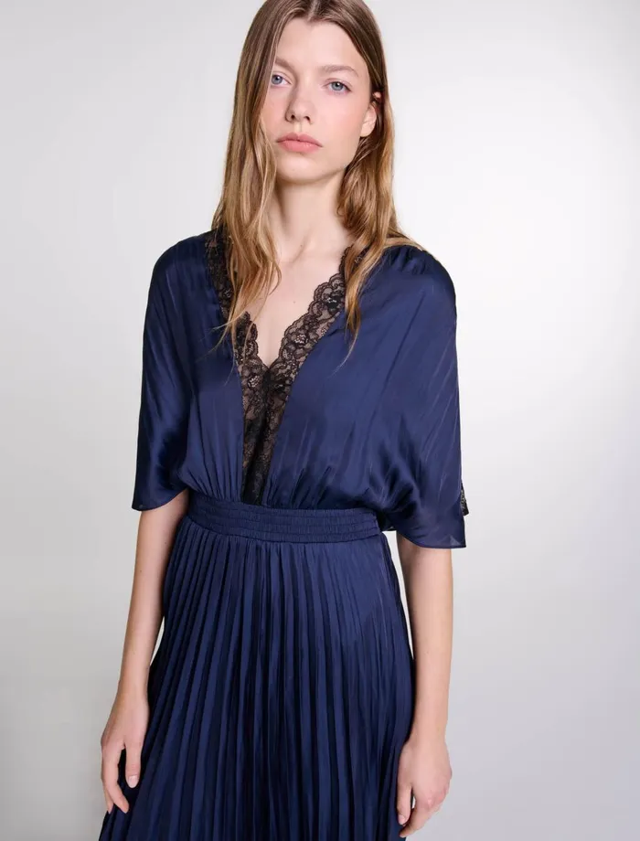 Dresses Women Maje Pleated Maxi Dress With Lace Navyblack