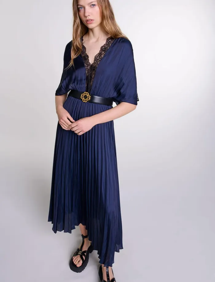 Dresses Women Maje Pleated Maxi Dress With Lace Navyblack