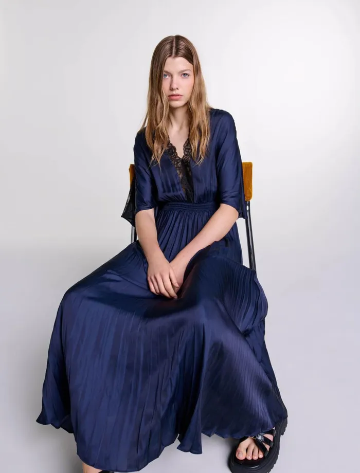 Dresses Women Maje Pleated Maxi Dress With Lace Navyblack