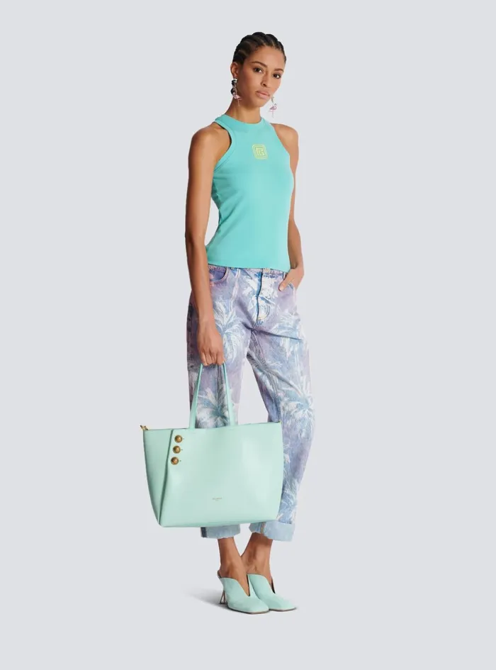Emblegraveme Grained Calfskin Tote Bag Blue Women Balmain Tote Bags