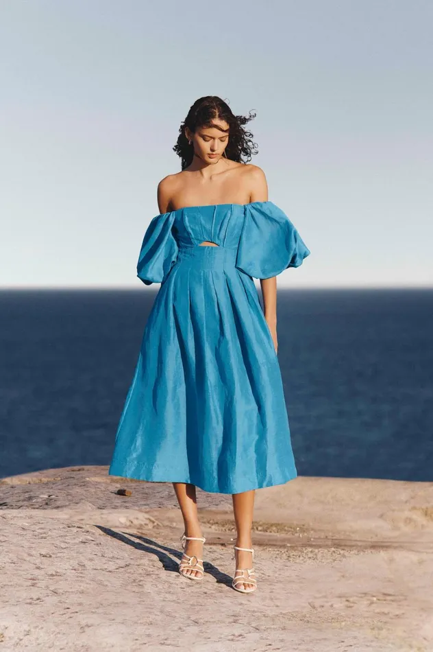 Eugenie Off Shoulder Midi Dress Azure Blue Women Aje Midi Dresses