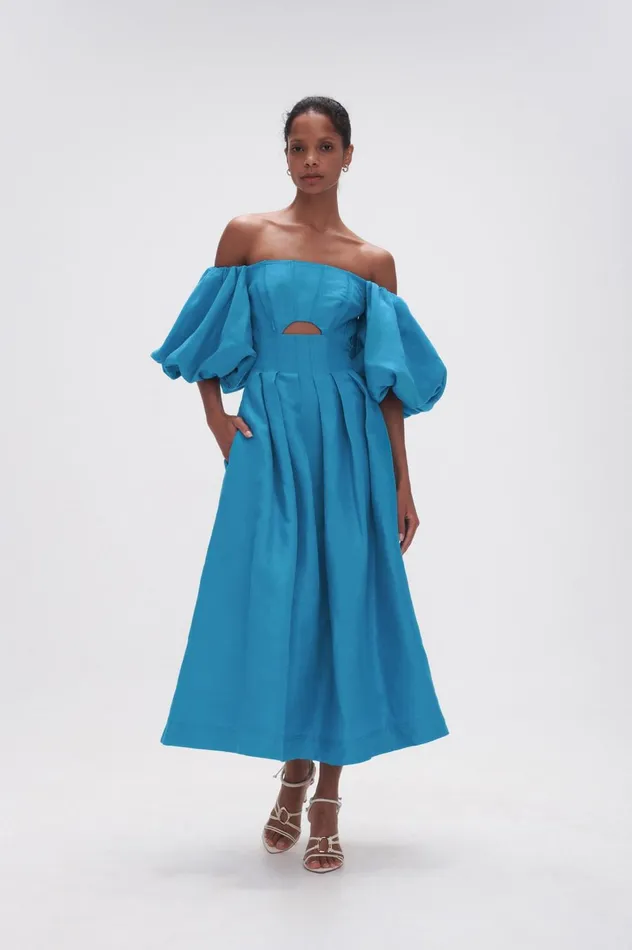 Eugenie Off Shoulder Midi Dress Azure Blue Women Aje Midi Dresses