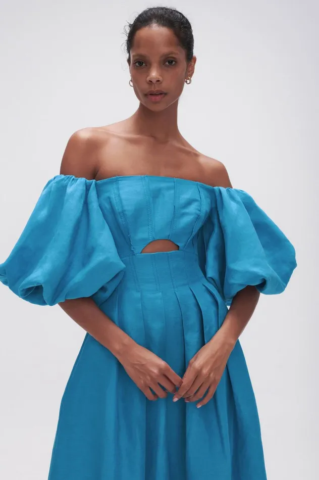Eugenie Off Shoulder Midi Dress Azure Blue Women Aje Midi Dresses