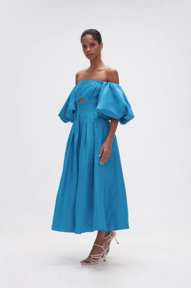 Eugenie Off Shoulder Midi Dress Azure Blue Women Aje Midi Dresses