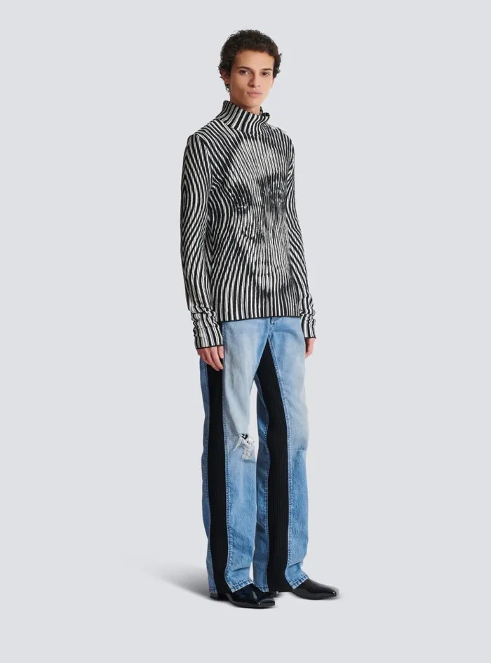 Face Twotone Knit Jumper Black Men Balmain Knitwear