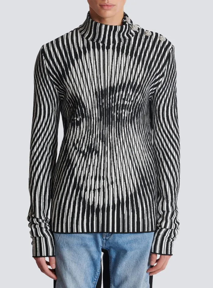 Face Twotone Knit Jumper Black Men Balmain Knitwear