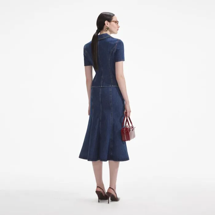 Flared Denim Midi Dress Women Self Portrait Dresses