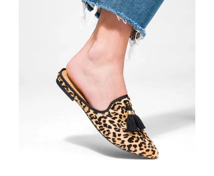 Flats and SlipOns Hush Puppies Women Sadie Tassel Mule Leopard Calf Hair Flats and SlipOns Hush Puppies Women Sadie Tassel Mule Leopard Calf Hair