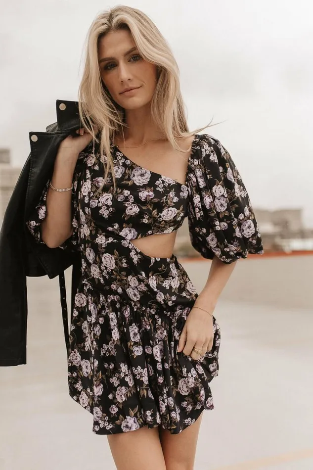 Floral Cut Out Mini Dress Black Women Bohme Dresses