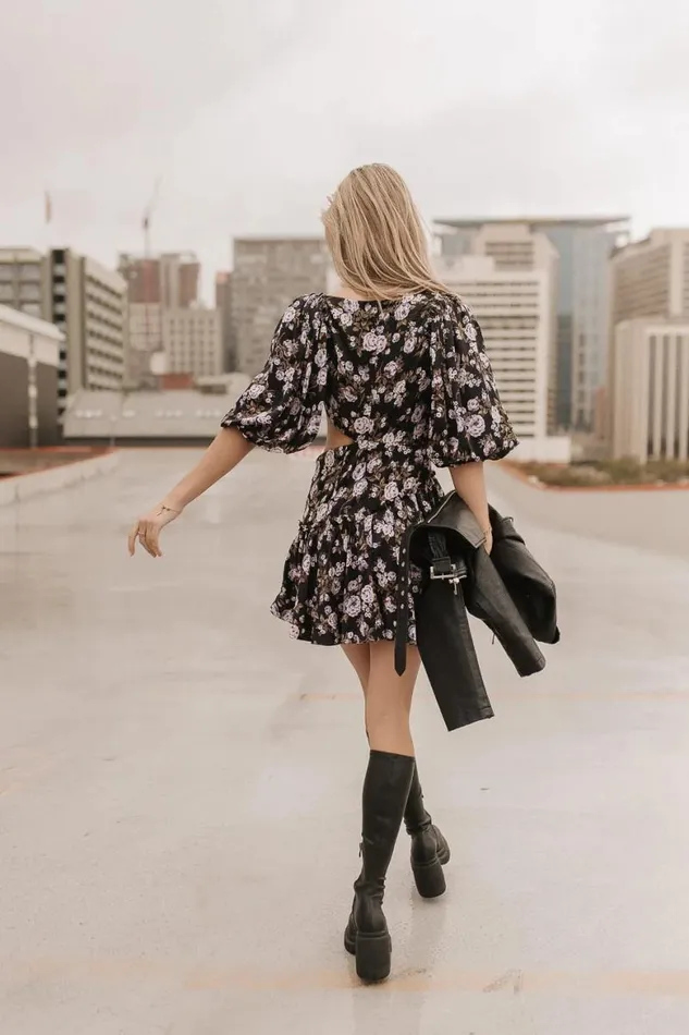 Floral Cut Out Mini Dress Black Women Bohme Dresses