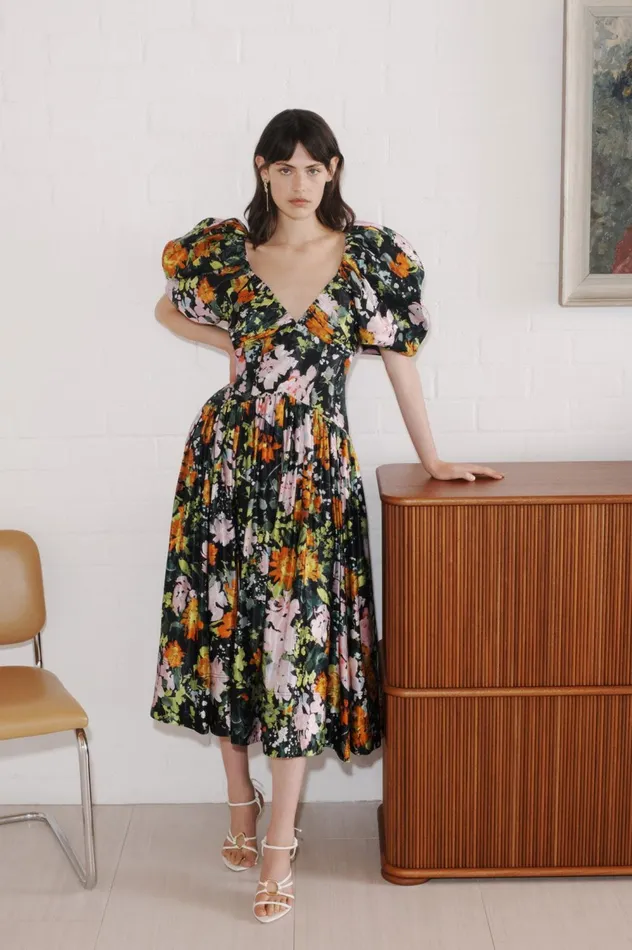 Gabrielle Plunge Midi Dress Midnight Floral Women Aje Midi Dresses