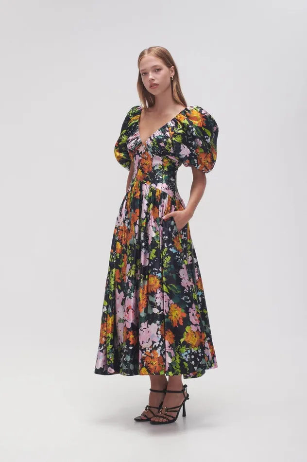 Gabrielle Plunge Midi Dress Midnight Floral Women Aje Midi Dresses