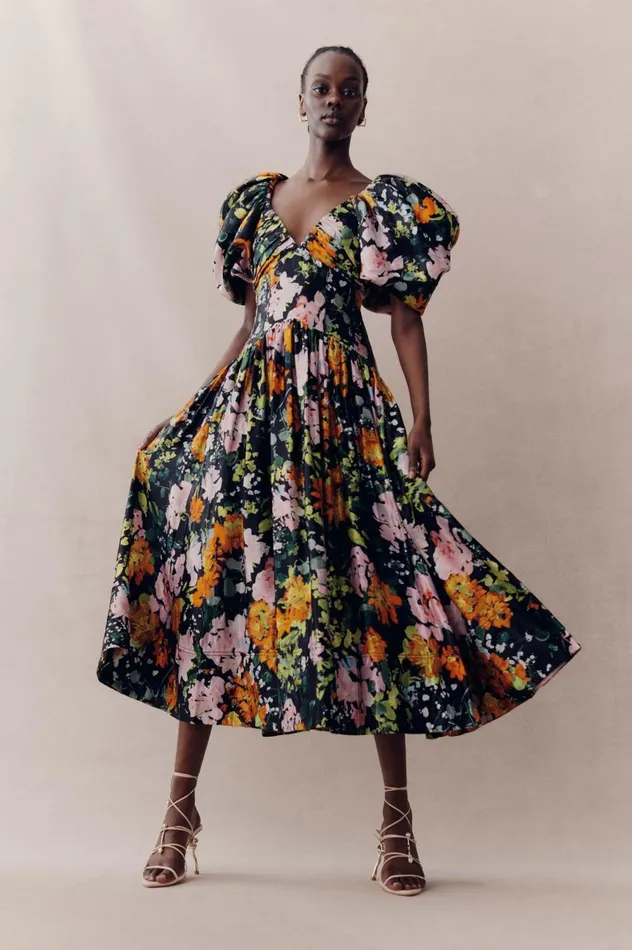 Gabrielle Plunge Midi Dress Midnight Floral Women Aje Midi Dresses