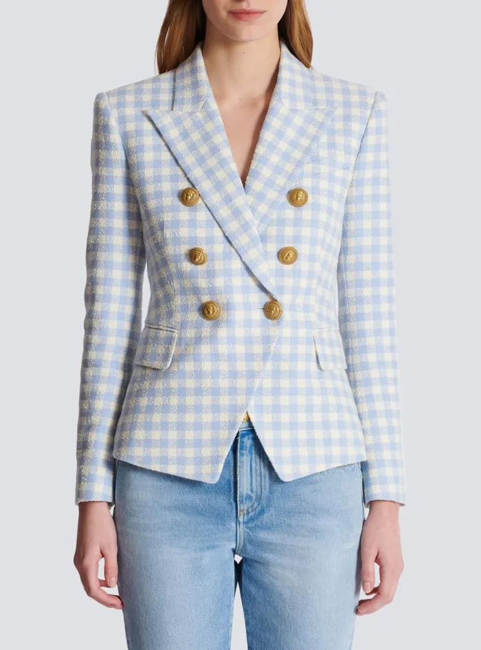 Gingham Tweed 6button Jacket Blue Women Balmain Jackets And Blazers
