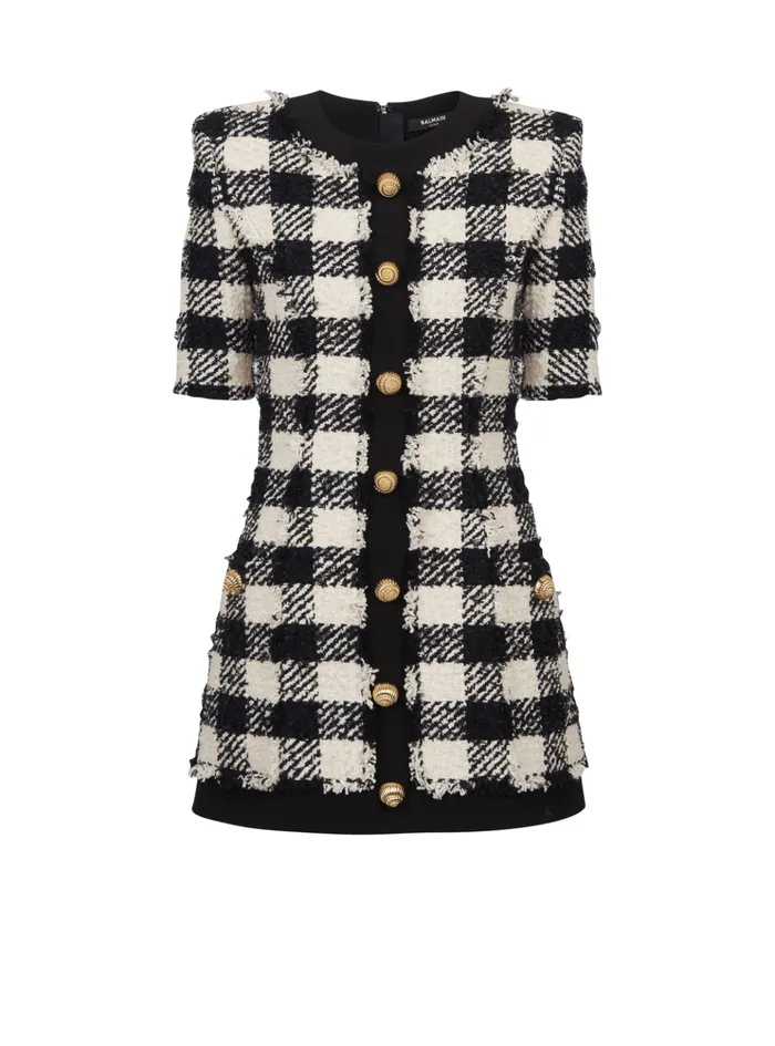 Gingham Tweed And Crepe Dress Black Women Balmain Dresses