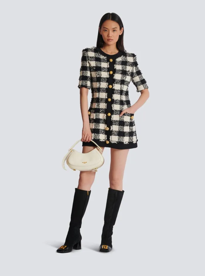 Gingham Tweed And Crepe Dress Black Women Balmain Dresses