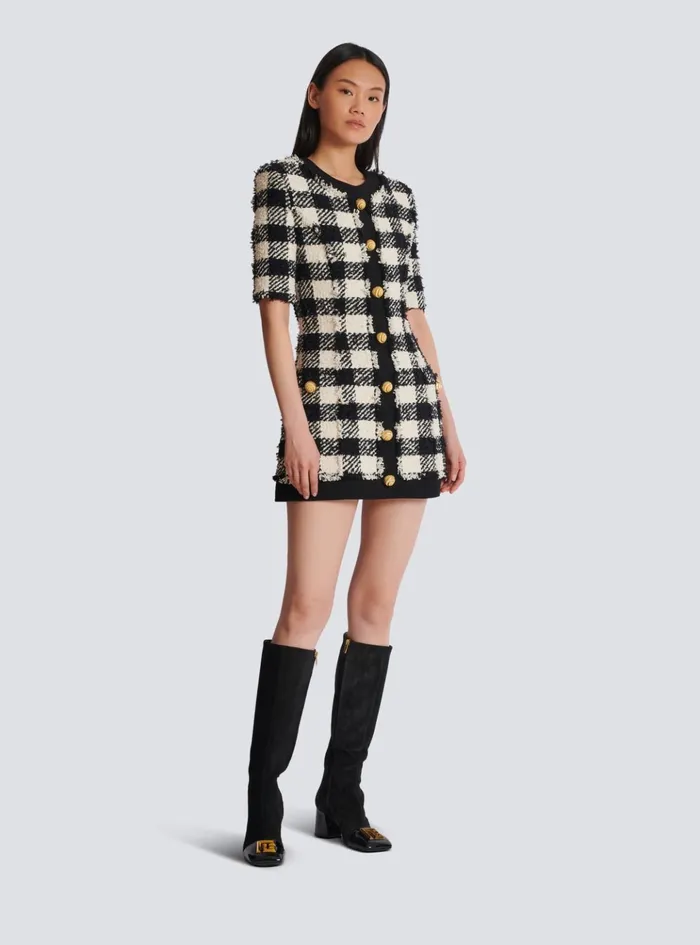 Gingham Tweed And Crepe Dress Black Women Balmain Dresses