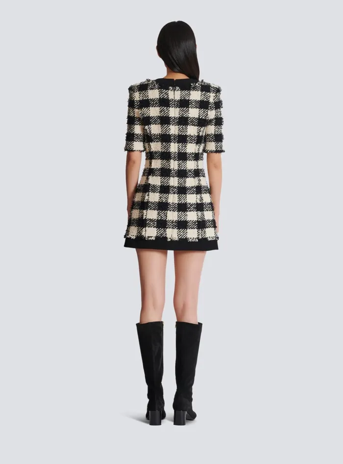 Gingham Tweed And Crepe Dress Black Women Balmain Dresses
