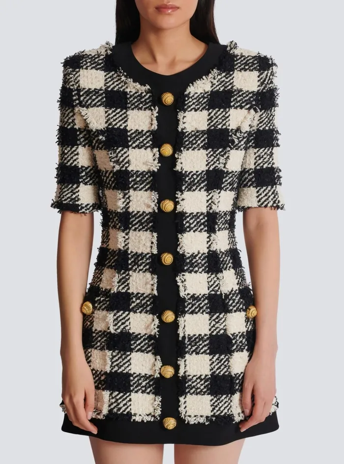 Gingham Tweed And Crepe Dress Black Women Balmain Dresses