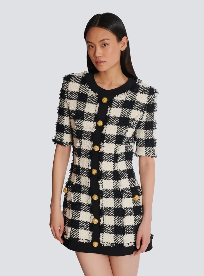Gingham Tweed And Crepe Dress Black Women Balmain Dresses