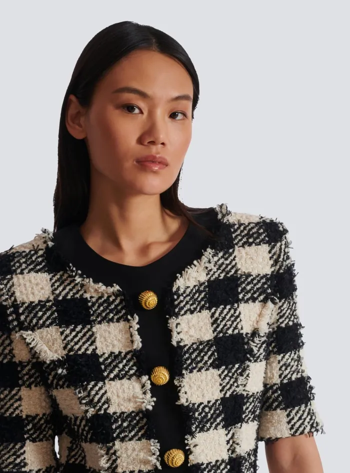 Gingham Tweed And Crepe Dress Black Women Balmain Dresses