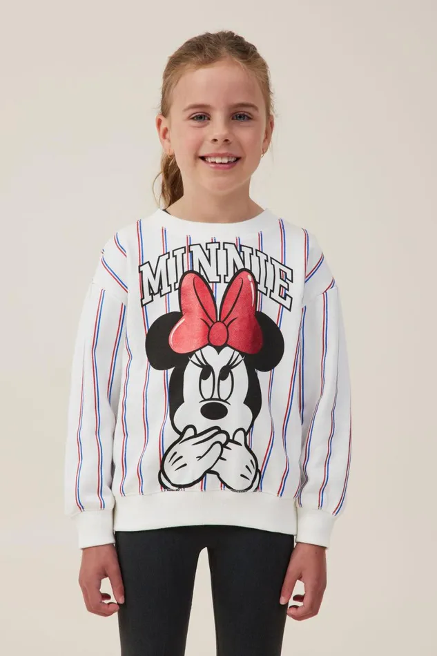 Girls 214 Sweatshirts and Sweatpants Cotton On License Dusty Fleece Crew Neck Lcn Dis Minnie Baseball Stripedark Vanilla