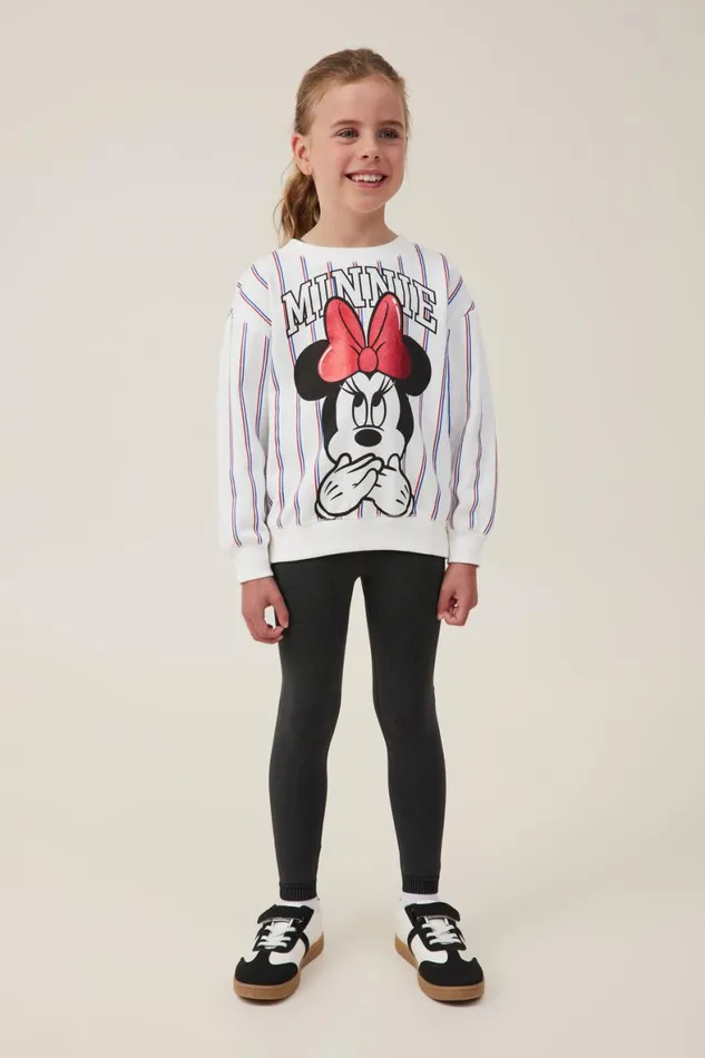 Girls 214 Sweatshirts and Sweatpants Cotton On License Dusty Fleece Crew Neck Lcn Dis Minnie Baseball Stripedark Vanilla