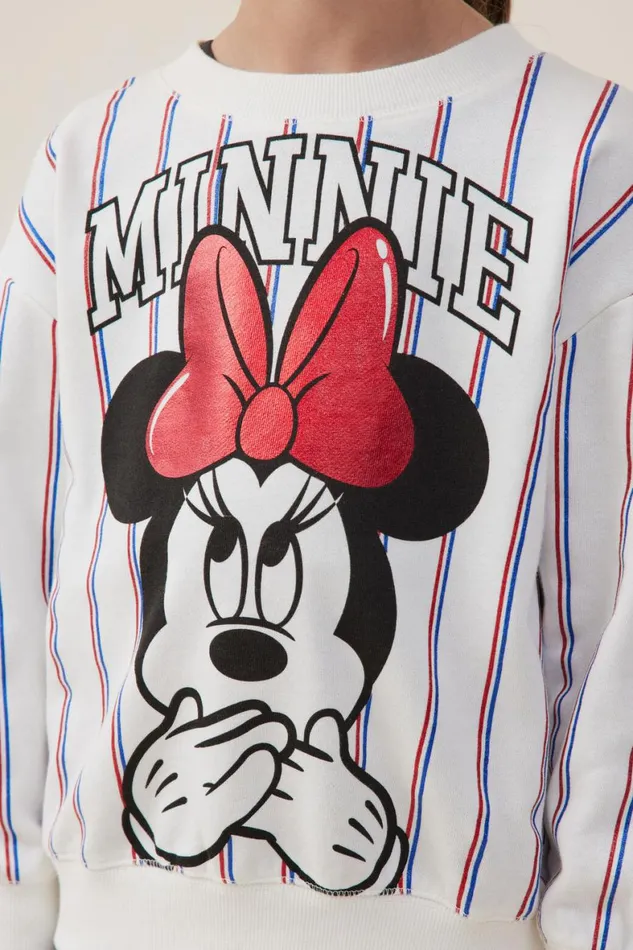 Girls 214 Sweatshirts and Sweatpants Cotton On License Dusty Fleece Crew Neck Lcn Dis Minnie Baseball Stripedark Vanilla