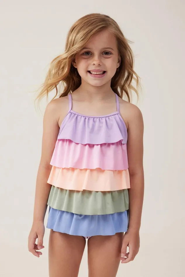 Girls 214 Swimwear Cotton On Pepper One Piece Rainbow Ruffle
